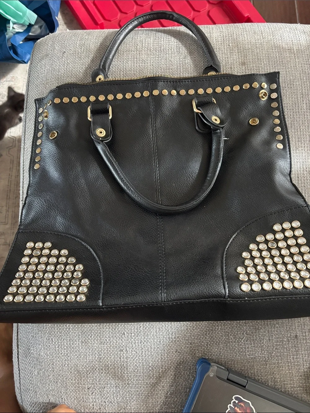 Black Studded Tote Bag with Gold Accents - Classic Carryall